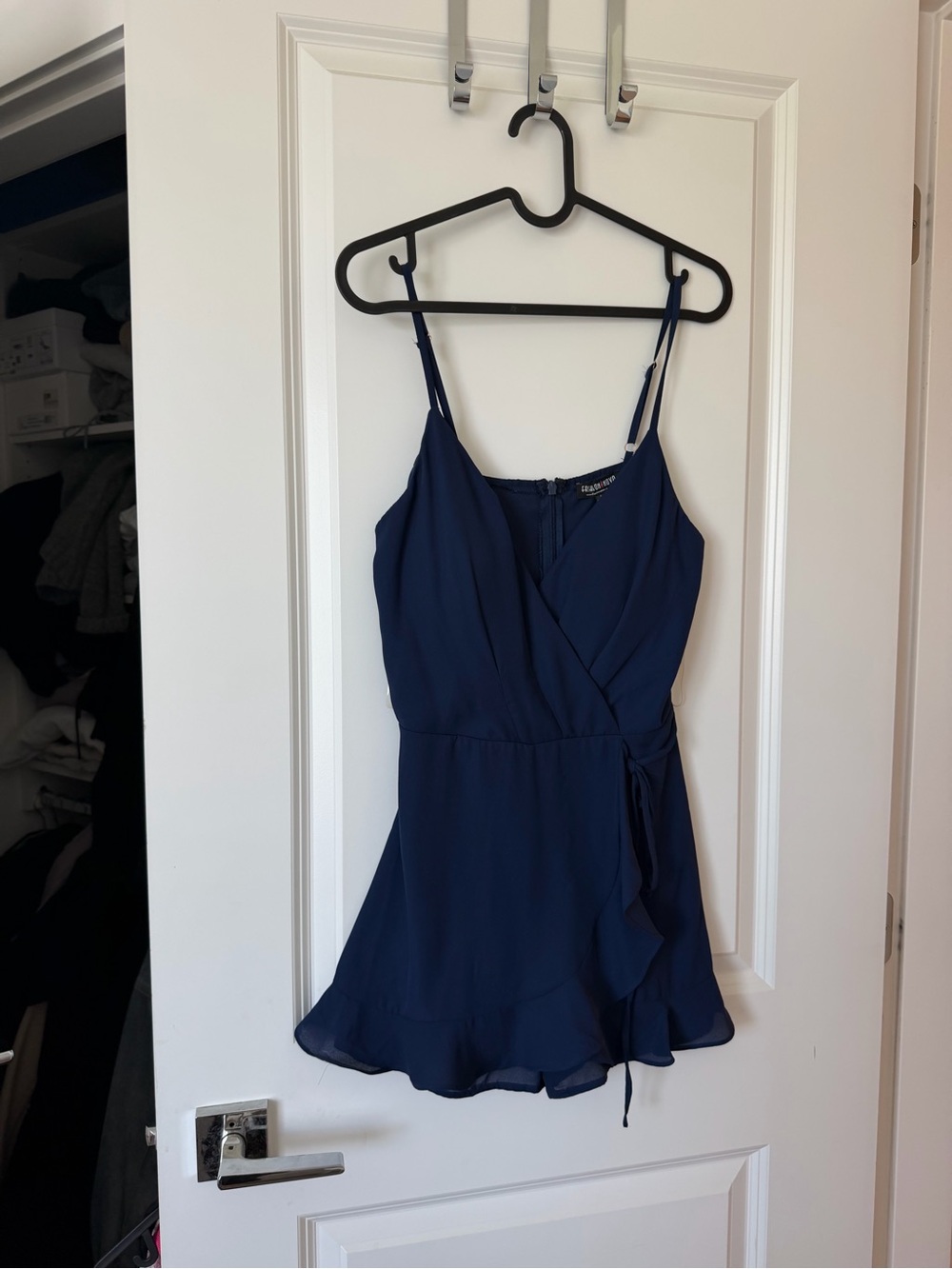 Navy Wrap-Front Mini Dress with Ruffle Hem